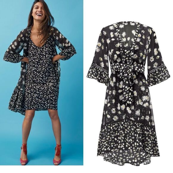 CABI NWT 2 Piece Black/White Daisy Print Ruffle Hem Wrap Dress XL - Picture 1 of 16